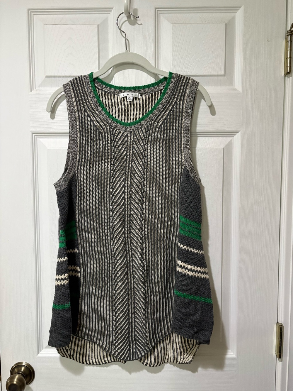 CAbi Grey and Green Striped V-Neck Knit Sweater Tank Style 885
